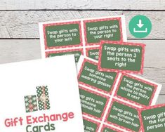 christmas gift exchange cards on a wooden table