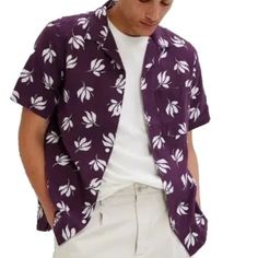 New With Tag Gap Hawaiian Shirt Vacation Tropical Spring Easter Resort Hipster Purple Botanical All Over Print Linen Blend Button Front Lightweight Breathable Men Sz Xxl White Casual Shirt With Camp Collar, Gap Summer Tops With Spread Collar, Purple Printed Shirt With Short Sleeves, White Casual Tops With Camp Collar, White Casual Camp Collar Tops, Casual Short Sleeve Shirt With Spread Collar, Gap Relaxed Fit Shirt For Spring, White Casual Short Sleeve Shirt With Camp Collar, Purple Short Sleeve Shirt For Vacation