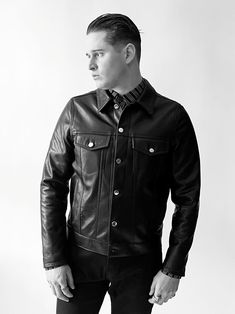 The Sixty Eight Jacket-An homage to Elvis's '68 Comeback Special Jacket with a modern twist.-Premium Black Lightweight Naked Cowhide -Fits true-to-size -Black Satin Lining-Two Interior Flask Pockets-Shiny Silver Hardware/Button Closure -Heirloom Quality-Made in NYC-Free Domestic Shipping Leather Denim, Kids Sale, Shiny Silver, Vest Top, Silver Hardware, Black Satin, Card Sizes, Leather Men, Flask