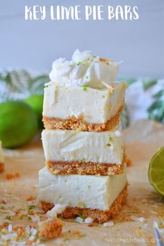 key lime pie bars stacked on top of each other