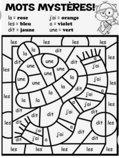 a coloring book with the words mots mysteres written in french and english