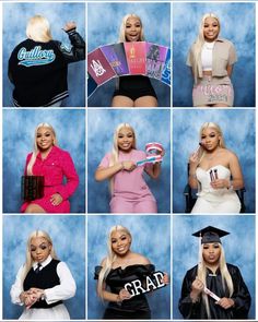 several photos of women in graduation caps and gowns, one is holding a book