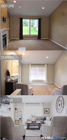 the before and after pictures of a living room remodel in an empty house