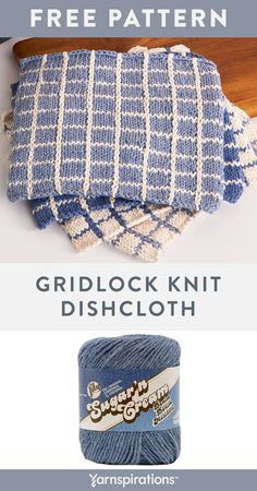 a crocheted blanket and two balls of yarn with the words gridlock knit dishcloth