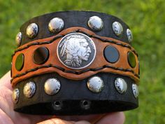 Unique Hand Tooled Black Jewelry, Vintage Leather Bracelet With Concho, Vintage Leather Jewelry With Concho, Adjustable Black Bracelet For Collectible, Adjustable Black Bracelet For Collectors, Mother Days Gift, Buffalo Bison, American Buffalo, Bison Leather