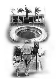 a man walking down a sidewalk next to a parking meter with a statue in the background