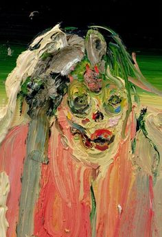 an abstract painting of a woman with green hair