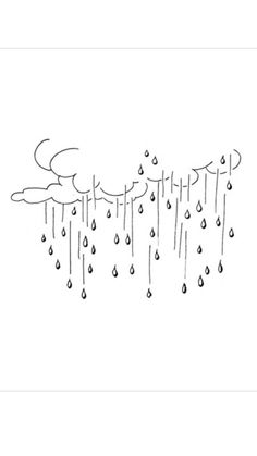 a drawing of rain falling down from the sky, with clouds and drops on it