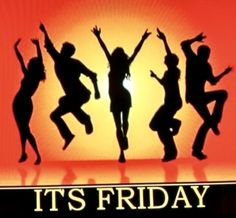 it's friday with silhouettes of people jumping in the air and one person holding their arms up