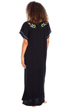 VIBRANT CUSTOM FLORAL EMBROIDERY and a loose flowy fit make this beautiful boho inspired black Mexican maxi dress the perfect long summer kaftan or beach dress COOL AND COMFORTABLE with side slits for ease of moment, the slimming A-line is design is great for everyday wear. Or dress it up for a dazzling night out. Short sleeves have feminine scalloped edges 100% RAYON. With a soft, silky feel, rayon is a natural fiber that lets skin breathe. This beach dress is moisture absorbent and dries quick Summer Embroidered Short Sleeve Maxi Dress, Embroidered Short Sleeve Maxi Dress For Summer, Summer Embroidered Maxi Dress With Short Sleeves, Spring Embroidered Beachwear Maxi Dress, Summer Vacation Embroidered Maxi Dress, Embroidered Maxi Dress For Summer Vacation, Casual Flowy Kaftan With Short Sleeves, Traditional V-neck Maxi Dress For Summer, Casual V-neck Maxi Dress With Floral Embroidery