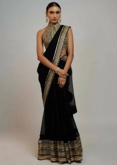 Elegant Chanderi Pre-draped Saree For Evening, Formal Black Pre-draped Saree With Resham Embroidery, Gold Pre-draped Saree With Resham Embroidery For Evening, Elegant Festival Pre-draped Saree With Resham Embroidery, Elegant Gold Pre-draped Saree For Festivals, Elegant Pre-draped Saree For Navratri, Gold Pre-draped Saree For Diwali Evening, Bollywood Style Gold Blouse With Sheer Dupatta, Evening Anarkali Pre-draped Saree With Cutdana