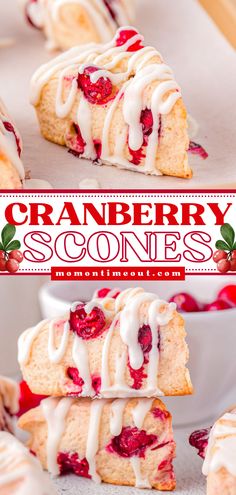 These delicious Cranberry Scones are tender, moist and bursting with juicy cranberries! The tart cranberries are complemented by the lightly sweetened scone and can be enjoyed for breakfast or served as a dessert – so good! The simple glaze adds a touch of sweetness and is totally optional! Christmas Brunch Menu Ideas, Pastries Recipes Dessert, Mom On Timeout, Cranberry Scones, Coffee Cakes, Cranberry Recipes, Delish Recipes