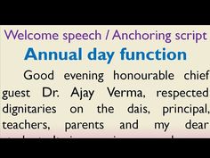 a sign that says, welcome speech / anchoring script for an annual day function