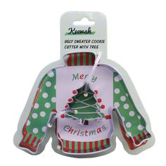 a christmas sweater ornament with a tree on the front and polka dots on the back