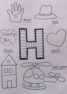 the letter h is for helicopter and other things that are hand drawn on paper with markers