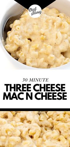 three cheese macaroni and cheese in a white bowl with the title overlay