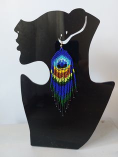 Blue peacock feater seed beaded dangle long fringe earrings,boho tribal earrings Festival Jewelry With Beaded Fringe, Festival Teardrop Beaded Fringe Jewelry, Bohemian Teardrop Beaded Fringe Jewelry, Traditional Fringe Drop Earrings, Bohemian Teardrop Fringe Jewelry, Traditional Fringe Dangle Jewelry, Bohemian Multicolor Peacock Jewelry, Multicolor Bohemian Peacock Jewelry, Bohemian Multicolor Peacock Design Jewelry