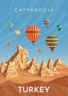 an image of turkey with hot air balloons flying over the mountains and rocks in the background