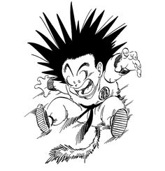 an ink drawing of a cartoon character with black hair and spikes on his head, running