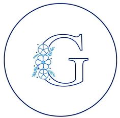 the letter g with flowers and leaves on it's side in a blue circle