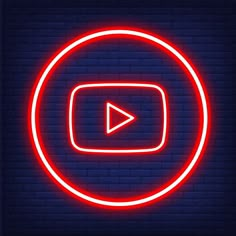 a neon red play button sign on a dark brick wall, with the word youtube below it