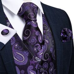 Purple and Black Paisley Jacquard Vest Set – Sophisticated Gentlemen Elegant Formal Vest With Ties, Elegant Sets With Ties For Groom, Elegant Groom's Set With Ties, Classic Formal Vest With Ties, Classic Fitted Vest With Ties, Fitted Elegant Purple Three-piece Suit, Fitted Business Sets With Ties, Elegant Fitted Purple Three-piece Suit, Fitted Purple Suit And Tie Accessories For Party