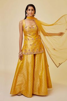 Buy Yellow Brocade Woven Floral Sweetheart Sleeveless Kurta Sharara Set For Women by Shyam Narayan Prasad Online at Aza Fashions. Brocade Sharara, Brocade Kurta, Sleeveless Kurti, Yellow Kurti