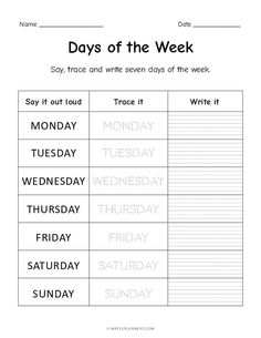 the days of the week worksheet for students to practice their writing and spelling skills