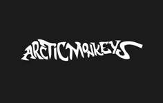 the arctic monkeys logo on a black background with white writing in it's center