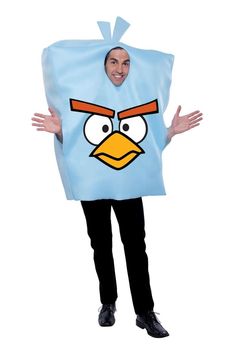 a man is wearing an angry bird costume