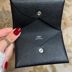 Brand New In Box, Flawless Calvi Black Hermes Cardholder With Orange Hermes Box Formal Black Coin Purse With Card Slots, Compact Black Card Holder Gift, Compact Black Card Holder As Gift, Elegant Black Card Holder As Gift, Designer Black Compact Coin Purse, Black Coin Purse With Card Slots For Evening, Black Evening Coin Purse With Card Slots, Elegant Black Compact Card Holder, Designer Black Coin Purse With Interior Card Slots