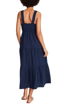 Lightweight gauzy cotton is shaped into this pretty midi dress designed with a flowy tiered skirt that sways with every step you take. 40 1/2" center front length (size Medium) V-neck Sleeveless Partially lined 100% cotton Hand wash, dry flat Imported Long Dress Flowy, Pretty Midi Dresses, Navy Sundress, Designer Midi Dresses, Dress Flowy, Cotton Midi Dress, Tier Skirt, Free Fabric, Tiered Skirt