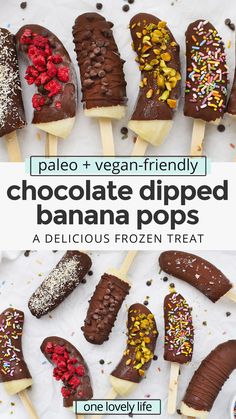 chocolate dipped banana pops with sprinkles are on a white surface and the title reads, pale + vegan - friendly chocolate dipped banana pops delicious frozen treat