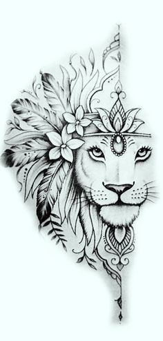 a drawing of a lion wearing a headdress with feathers on it's face