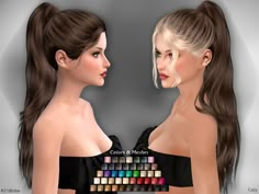 two women with different colored hair are facing each other and one is wearing a black dress