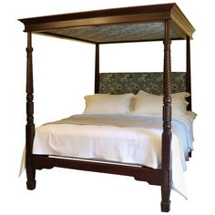 a four poster bed with white linens and pillows on the headboard, against a white background