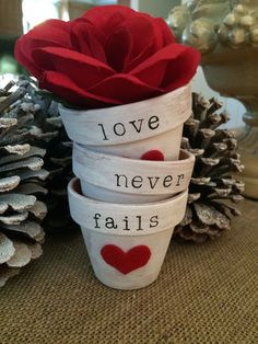 three white cups with red roses in them and pine cones on the table next to each other