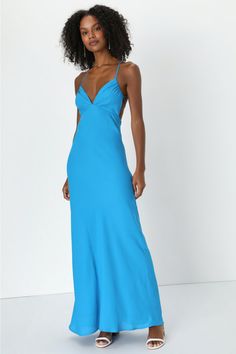 You'll be adored and have them wanting more when you strut into any room wearing the Lulus Mesmerizing Allure Blue Sleeveless Lace-Up Maxi Dress! Lightweight woven chiffon shapes this effortlessly sultry dress that features slender straps that support a sweetheart-neckline and a lightly gathered triangle bodice with a lace-up back design. A wraparound cutout accents the empire waist that sits atop a figure-skimming skirt that falls to a sweeping maxi hem. Hidden back zipper/clasp. Fit: This garment fits true to size. Length: Floor length. Size medium measures 55" from adjustable straps to hem. Bust: Great for any cup size. Waist: Fitted - very fitted at natural waist. Hip: Loosely Fitted. Undergarments: May be worn with petals, or no bra. Fabric: Fabric has no stretch. Lined. Shell: 100% P Bright Blue Formal Dress, Sultry Dress, Wanting More, Blue Dress Formal, Blue Maxi Dress, Lulu Fashion, Blue Maxi, Maxi Dress Blue, Cup Size