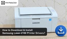 a printer sitting on top of a wooden table next to a wall with the words how to install and install samsung laser - 216