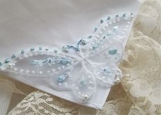 Butterfly Something Blue Handkerchief For Bride Gift Package One Of A Kind With Card Butterfly Ribbon Embroidery Pearls by handcraftusa etsy Embroidery With Pearls, Handmade Handkerchiefs, Embroidery Pearls, Butterfly Ribbon, Card Butterfly, Wedding Keepsake Boxes, Blue Handkerchief, Clear Gift Boxes, Silk Necklace