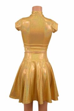 "This item is made to order, please read all the way through the listing before purchasing! This holographic sparkly gold set is made of four way stretch spandex with the prettiest shine and sparkle! The crop top has cap sleeves and a short collar at the neck and measures 8\" from underarm to hemline. The skirt is 19\" long and sets at the natural waist. Depending on your torso length you may or may not flash a bit of skin! Super cute and lots of fun! Womens Sizing (See below for instructions on Fitted Gold Sets For Costume Party, Fitted Gold Mini Skirt For Summer, Gold Fitted Skirt For Summer, Fitted Gold Skirt For Summer, Fitted Gold Sets For Summer, Olive Branch, Gold Set, Cap Sleeve, Skater Skirt