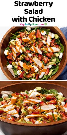 Two pictures of strawberry chicken salad, with title text at the top. Strawberry Chicken, Strawberry Chicken Salad, Mozzarella Pearls, Chicken Fresh, Roasted Walnuts, Chicken Salad Recipe