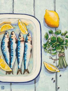 an oil painting of fish on a plate with lemons and herbs next to it