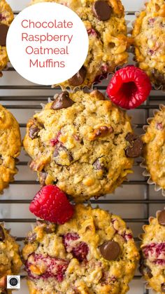 chocolate raspberry oatmeal muffins on a cooling rack