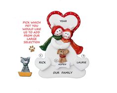 an ornament with two dogs and a snowman on it, which says pick which pet you would like from our large selection