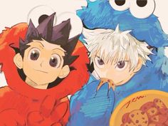 two anime characters are sitting next to each other with cookie cookies in front of them