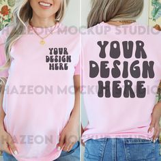 a woman wearing a pink t - shirt with the words your design here on it