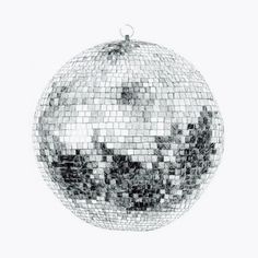 a black and white photo of a disco ball ornament on a white background