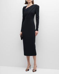 Roland Mouret V-Neck Long-Sleeve Wool Crepe Midi Dress | Neiman Marcus Structured Long Sleeve Formal Dress, Formal Structured Long Sleeve Dress, Formal Long Sleeve Structured Dress, Structured Fitted Dinner Dress, Structured Fitted Dress For Dinner, Structured Long Sleeve Evening Dress, Midi Dress With Structured Shoulders For Dinner, Dinner Midi Dress With Structured Shoulders, Evening Dresses With Structured Long Sleeves