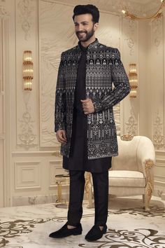 Introducing our exclusive U2-S340 Mens Sherwani. Crafted with the finest thread embroidery, this open jacket exudes sophistication and luxury. Elevate your style and capture attention with this tasteful and elegant piece. Add it to your wardrobe and make a statement at any event. Designer Bandhgala For Winter Reception, Designer Winter Bandhgala For Reception, Elegant Formal Outerwear With Chikankari Embroidery, Designer Sherwani For Reception In Winter, Designer Winter Sherwani For Reception, Designer Winter Reception Sherwani, Designer Nehru Jacket With Chikankari Embroidery For Formal Events, Designer Nehru Jacket With Chikankari Embroidery For Formal Occasions, Designer Black Sherwani With Chikankari Embroidery